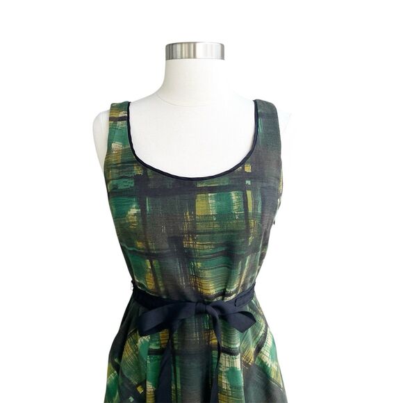 Anthropologie Maeve Dress 0 Green Painted Plaid Fit & Flare Belt Petticoat Swift - Picture 2 of 8